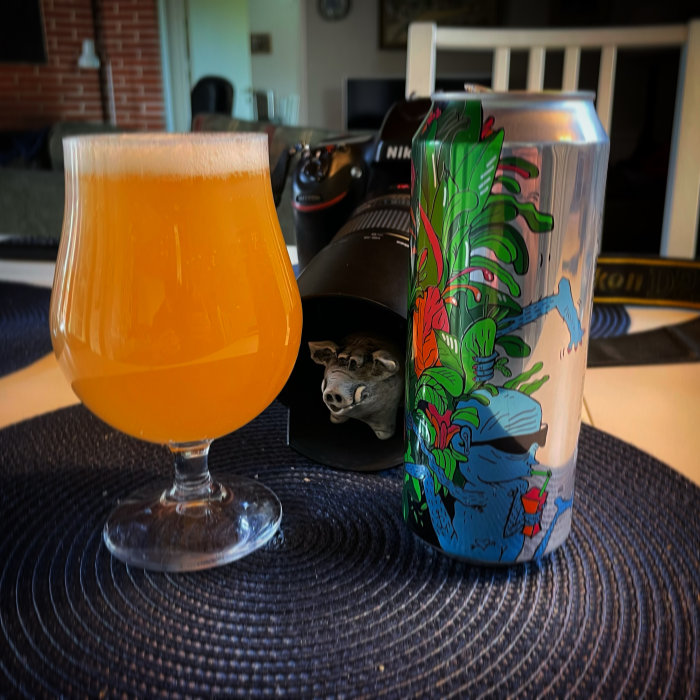 Ölglas fyllt med orangefärgad dryck och en färgglad ölburk, kamerautrustning i bakgrunden.