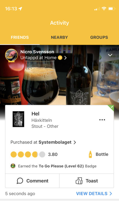 Skärmdump från ölbetygsapp med användaren Nic Svensson som gett ölet Häxkitteln en 3,8/5 betyg.