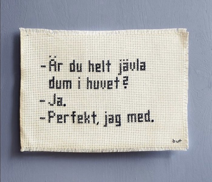 Broderad text på väv med fråga och svar som skämtsamt antyder en gemensam dumhet, väggmonterad.