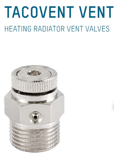 TacoVent Vent avluftningsventil för radiatorer, texten "HEATING RADIATOR VENT VALVES" ovanför.