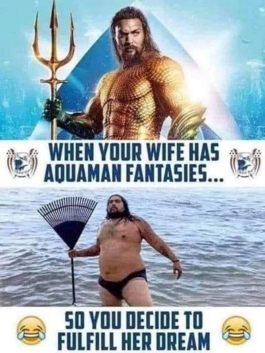 Humoristisk jämförelse mellan superhjälten Aquaman och en man som poserar i vatten med en lövräfsa.