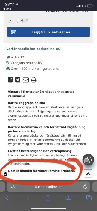 Skärmdump av en webbutik med varningsmeddelande "Ej lämplig för vinterkörning i Norden.