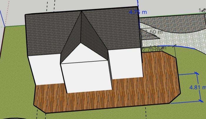 3D-modell av ett hus med måttmarkeringar för längd och höjd på en byggplats.