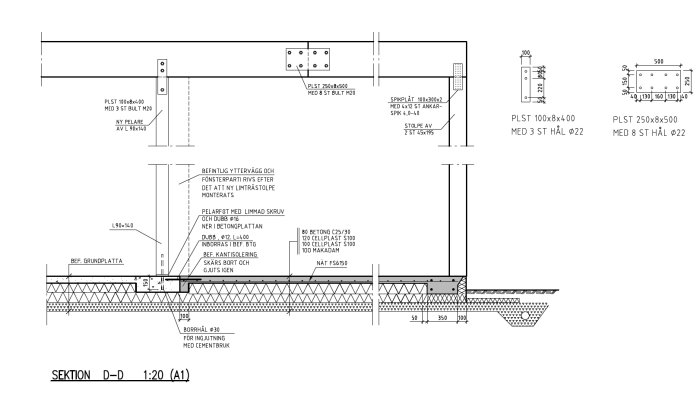 Teknisk ritning som visar sektion D-D av betongplatta, limträstolpe och förankringsdetaljer.