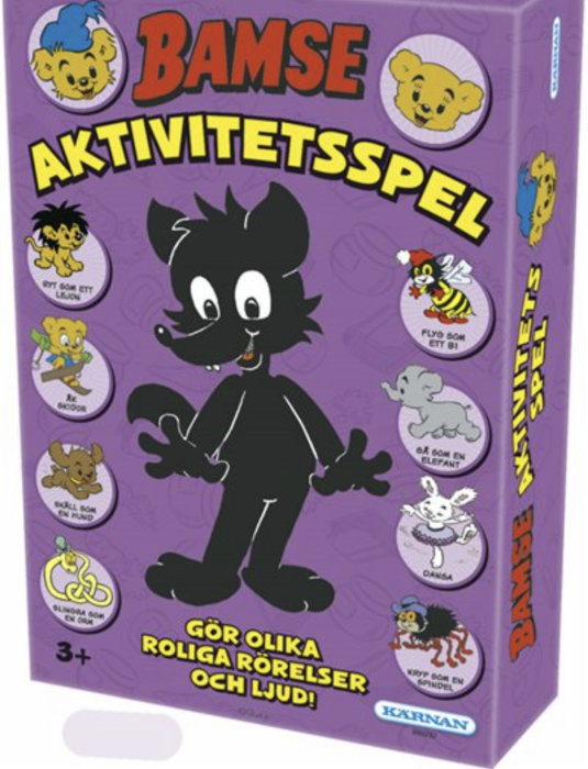 Förpackning till "Bamse Aktivitetsspel", ett barnspel med olika roliga rörelser och ljud.