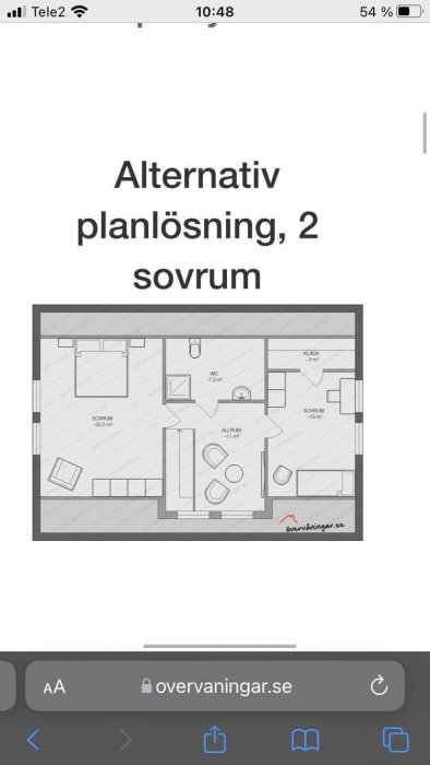 Skärmbild av en planlösning för en övervåning med två sovrum, ett allrum och WC, från overvaningar.se.