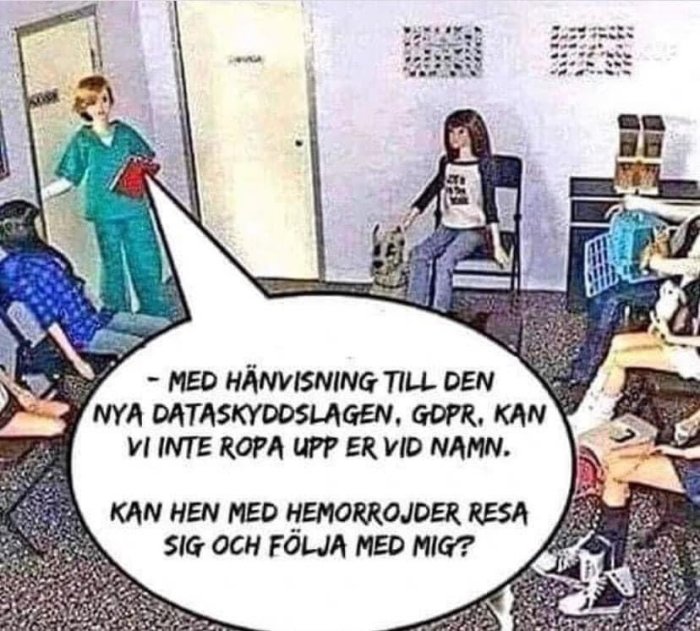 Illustration av karaktärer i ett väntrum med text om GDPR och hemorrojder.