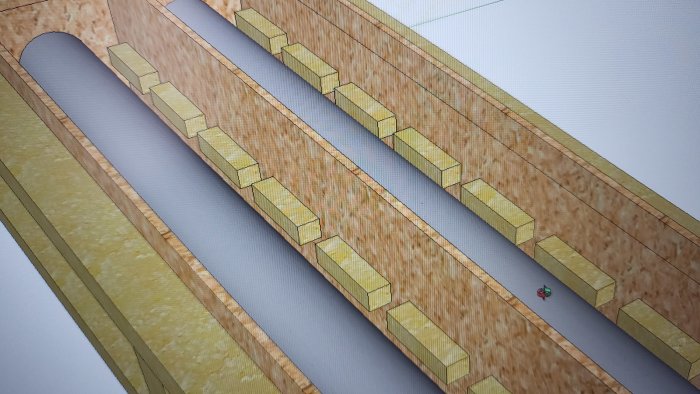 3D-skiss av en gjutform för betong med 110mm rör och stödreglar.