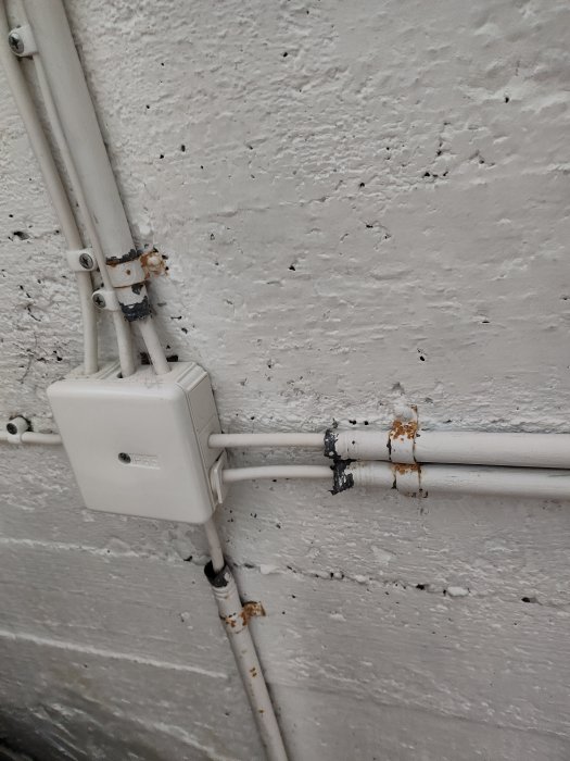 Äldre vita rörledningar fastsatta på en vit vägg med en kopplingsdosa, vissa delar med rostangrepp.