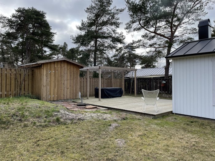 Upphöjd gräsklädd trädgårdshörna nära trädäck och förråd med långsam grästillväxt.