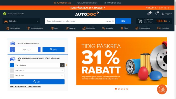 Skärmdump av Autodoc hemsida med kampanj för "Tidig Påskrea 31% Rabatt" och reservdelar.