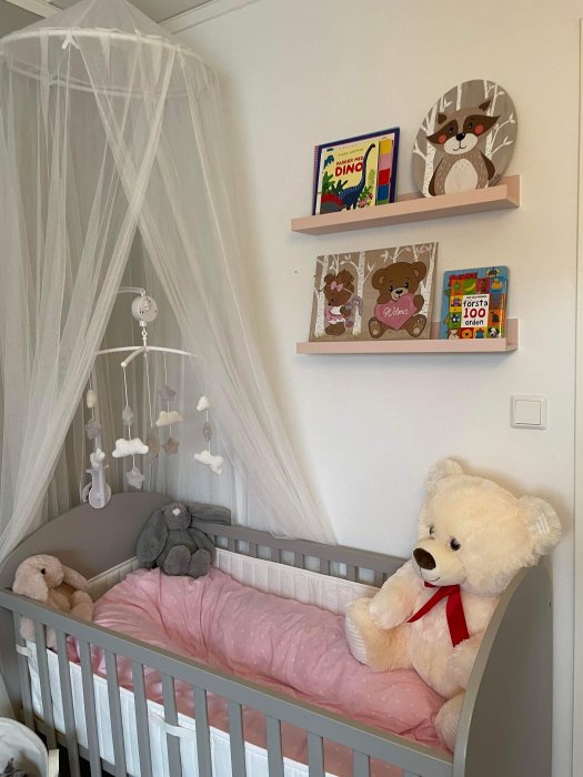 Barnkammare med spjälsäng, mjuka leksaker, sänghimmel och vägghyllor med böcker och dekorationer.