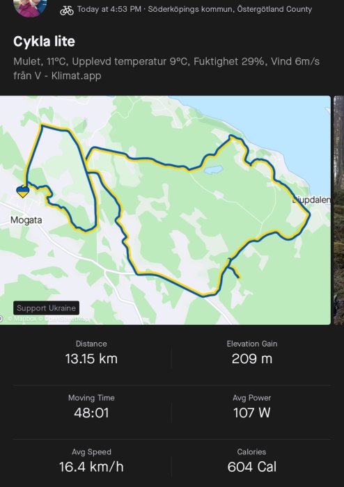 Skärmbild av cykelruttkarta med statistik: 13,15 km, höjdvinst 209 m, hastighet 16,4 km/h och 604 förbrända kalorier.
