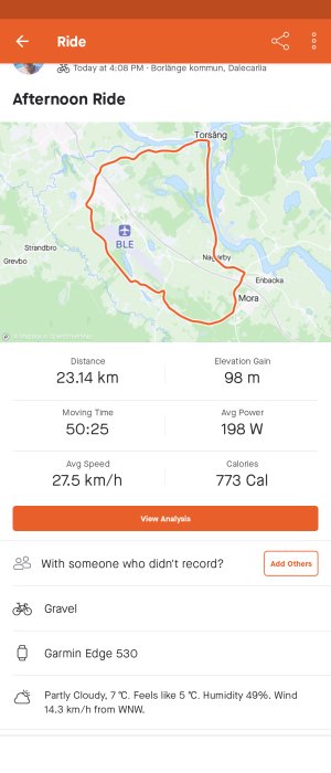 Appgränssnitt som visar en cykeltur med karta, sträcka på 23.14 km, höjdökning och statistik såsom tid och hastighet.