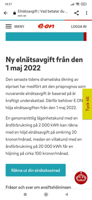 Skärmbild av E.ONs hemsida med information om nya elnätsavgifter från 1 maj 2022.