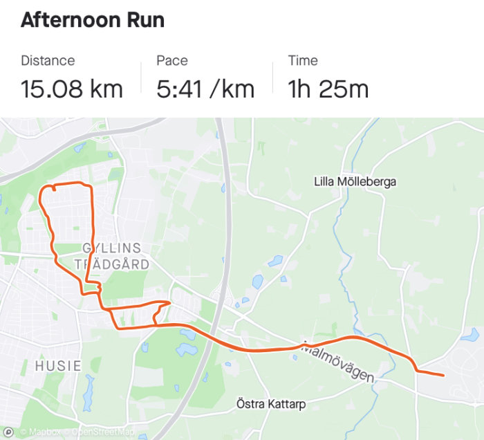 Kartbild som visar en löprunda på 15,08 km med passertid och tempo.