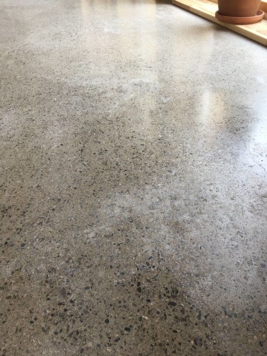 Slipat betonggolv med ojämn yta och potentiella kalkutskjutningar, några dammfläckar och reflektion av ljus.
