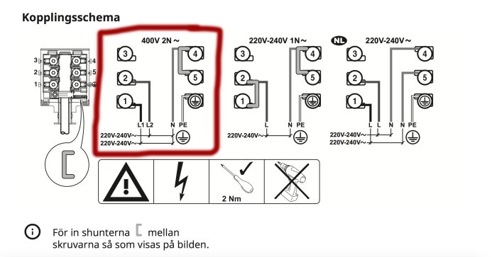 Kopplingsschema för spis med olika sätt att ansluta 400V trefas och 220-240V enfas.