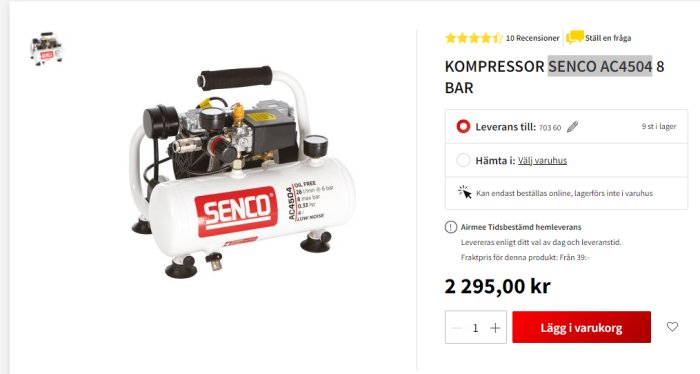 SENCO AC4504 8 bar kompressor på Bauhaus webbsida med pris och produktinformation.