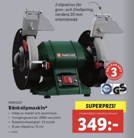 Parkside bänkslipmaskin med 2 sliprondeller för grov- och finslipning, grönt metallhölje och röda detaljer, prisskylt på 349 kr.