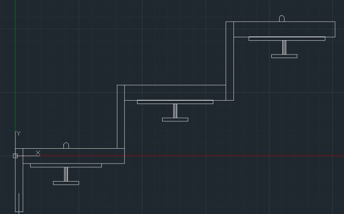 CAD-ritning av en vägghängd hylla med fläktutrymmen under varje plan.