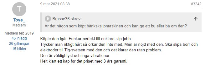 Skärmbild av en diskussionstråd om erfarenheter av en bänkslipmaskin på ett byggforum.