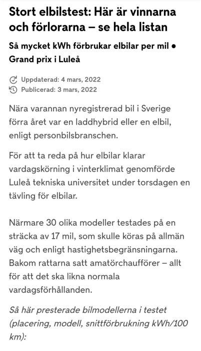 Skärmdump av en artikel om elbilstest med text om förbrukning per mil och tävling i Luleå.