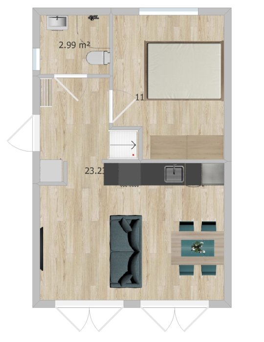 Översiktsplan av en lägenhet med loft, visar placering av möbler och rumsindelningar.