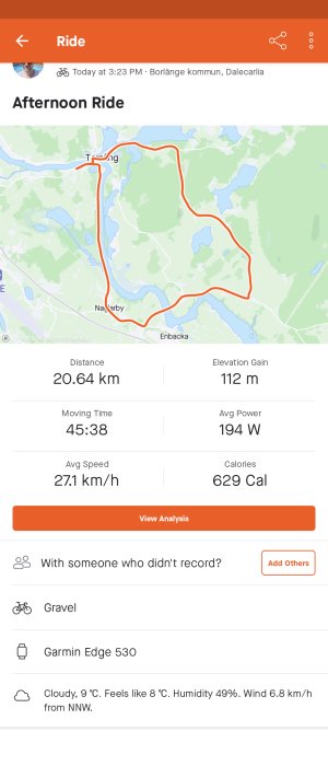 Skärmdump av cykelturdata med karta, distans 20.64 km, höjdskillnad 112 m, snittfart 27.1 km/h och 629 förbrända kalorier.