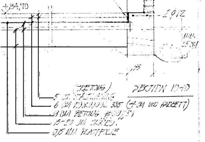 Tvärsnitt av husgrund med noteringar om skärv, betong och isoleringsmaterial från 1963.