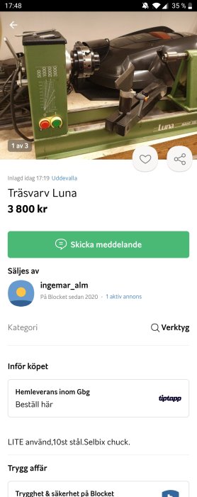 Träsvarv Luna modell Avant 320 till salu för 3800 kr, lite använd, med Selbix chuck inkluderad.