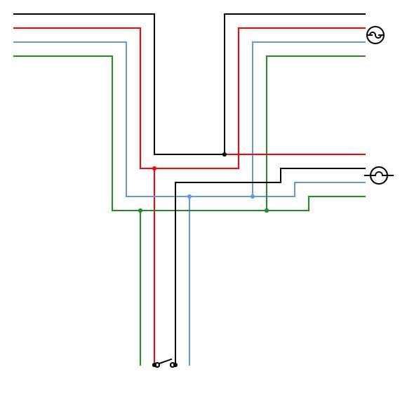 Schematisk bild av en elektrisk kopplingsdosa med färgkodade ledningar och strömbrytare.