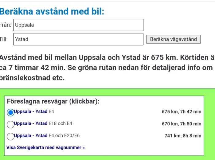 Skärmdump av vägavståndsberäkning från Uppsala till Ystad med olika rutter markerade och tidsåtgång.