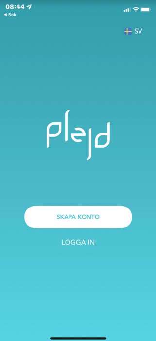 Startskärm i Plejd-app med alternativen "Skapa konto" och "Logga in" på en ljusblå bakgrund.
