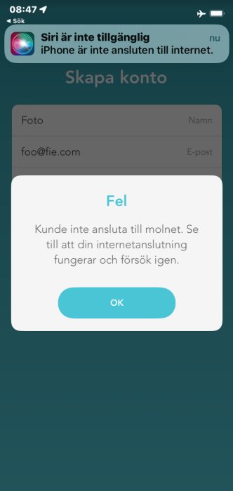 Skärmdump som visar felmeddelande "Kunde inte ansluta till molnet" på en app på en iPhone.