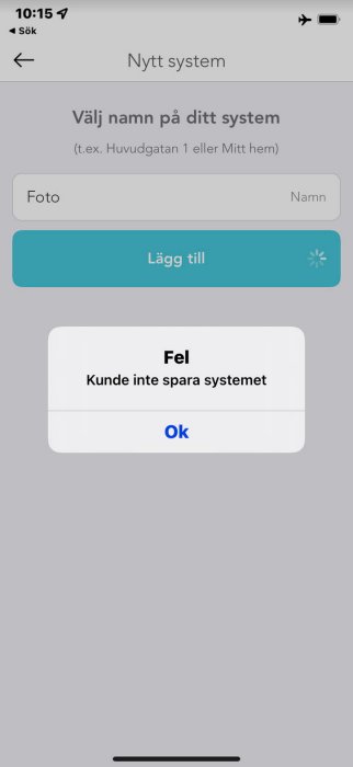 Skärmdump som visar ett felmeddelande "Kunde inte spara systemet" i en app för hemautomation.