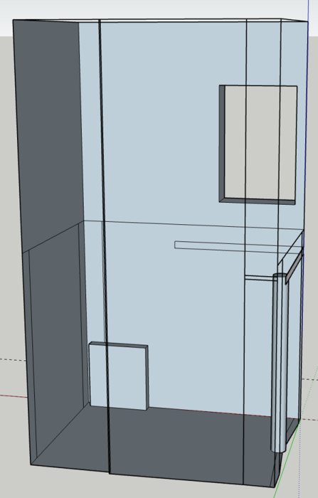 3D-skiss av en liten gästtoalett omvandlad till tvättstuga med avloppsrör och element.