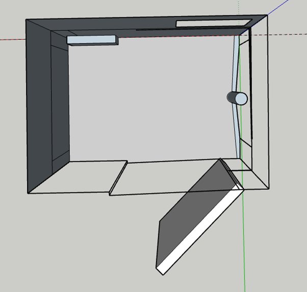 3D-skiss av en liten gästtoalett som ska omvandlas till tvättstuga, med avloppsrör och element synligt.