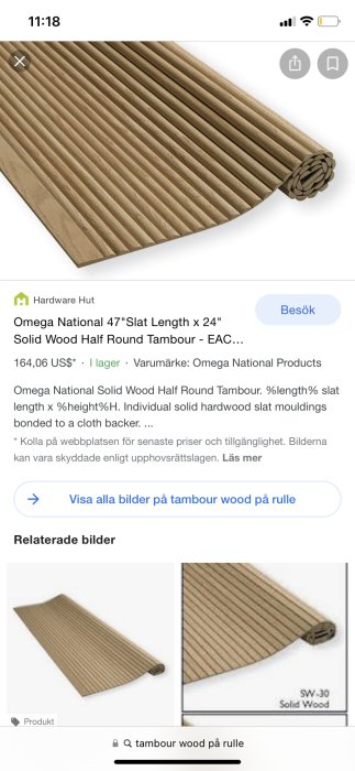 Halvrund tambour i massivt trä på rulle för möbelrenovering.