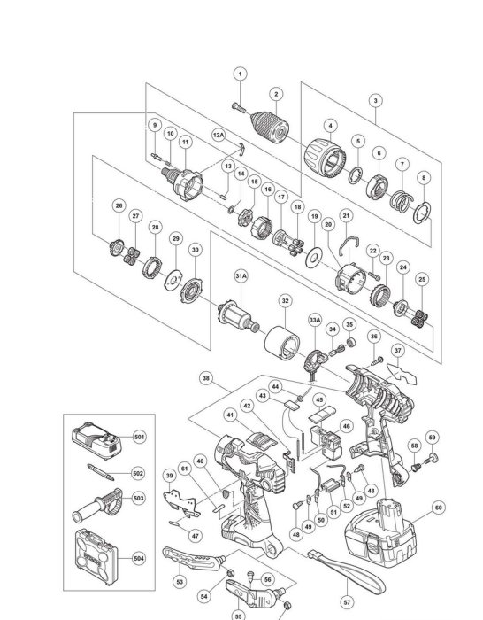 Exploded view illustration of a disassembled power drill showing all components.