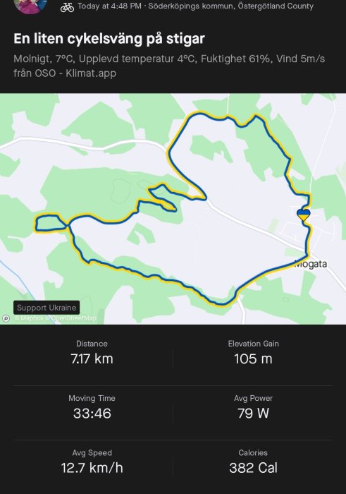 Skärmklipp av cykelrutt på karta med statistik: 7.17 km, 105 m höjd, 33:46 tid, 12.7 km/h hastighet.