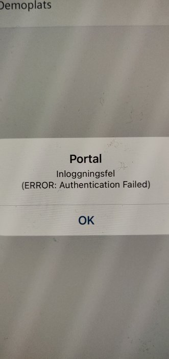 Skärmdump av inloggningsfelmeddelande med texten "ERROR: Authentication Failed".