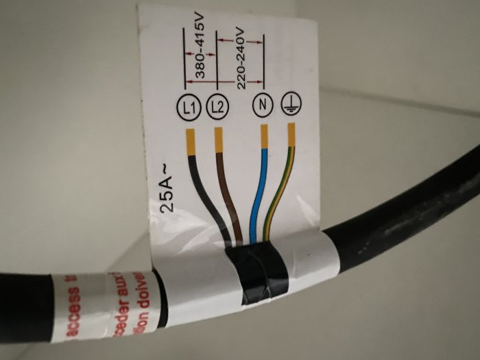 Elkabel med färgkodade ledare och etikett för anslutning av spishäll utan neutralledare (N) ansluten.