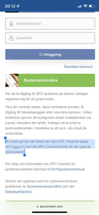 Skärmdump av inloggningssida för SPC-systemet med användarnamn och lösenordsfält synliga.