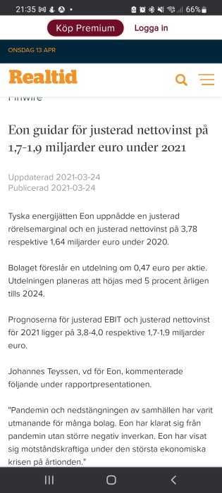 Skärmavbild från en nyhetsartikel om Eon:s finansiella prognos för justerad nettovinst under 2021.