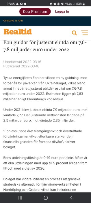 Skärmbild av en nyhetsartikel på en smartphone om Eons ekonomiska resultat och framtidsutsikter.
