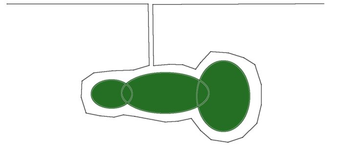 Schematisk illustration av en oregelbunden gräsyta med cirkelformade avgränsningar runt hinder.