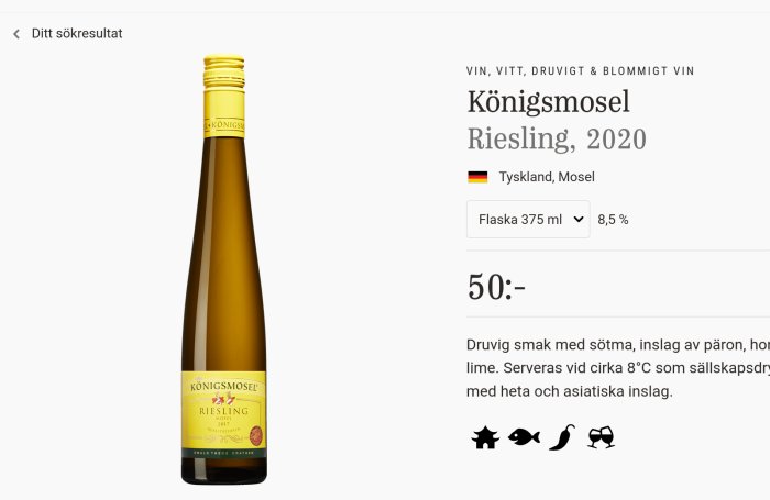 Flaska med Königsmosel Riesling 2020 vitt vin från Tyskland, prissatt till 50 kronor.