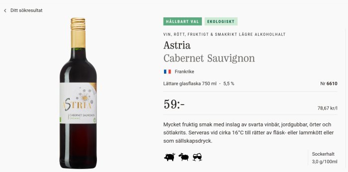 Flaska med Astria Cabernet Sauvignon, ekologiskt rött vin från Frankrike, 5,5 % alkohol.
