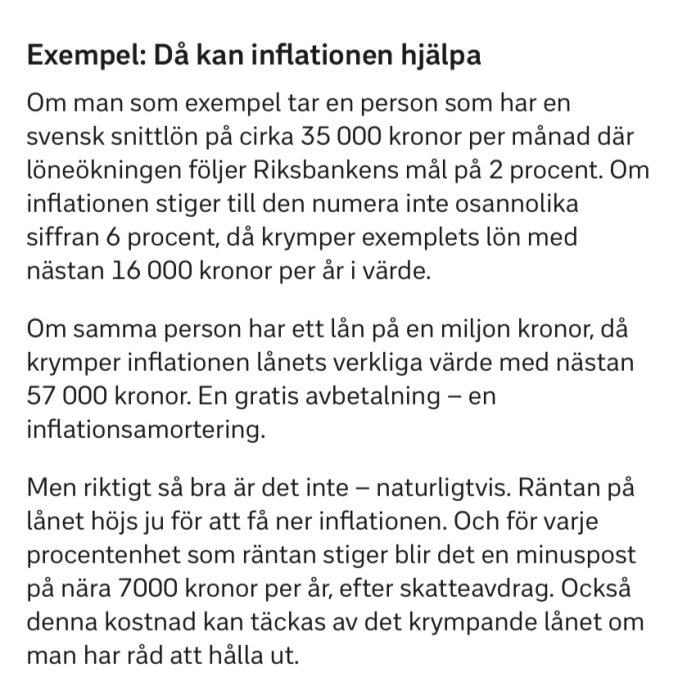 Textuppslag om hur inflation påverkar lön och lån, med exempel som förklarar realvärdet av inkomst och skulder.